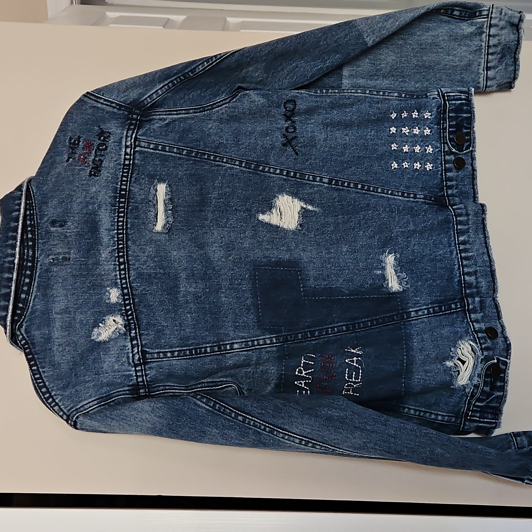 For The Republic Distressed Denim Jean Jacket Like New!Word Artembroidered